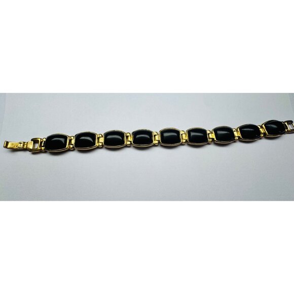 Estate Black Onyx Bracelet Gold Over Sterling Silver 925, 7.85", 30g, Marked - Picture 2 of 9